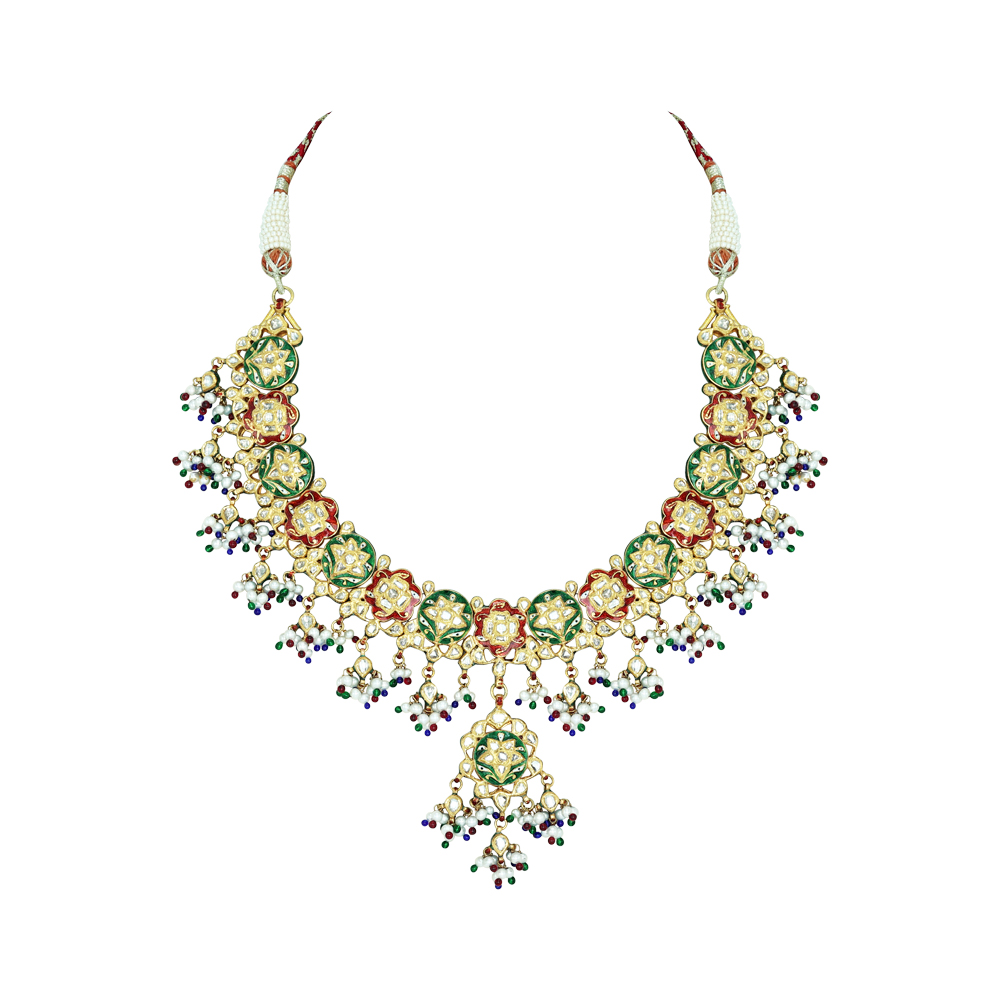 Floral Necklace with Polki, Red-Green Enamel, Pearls, and Beads